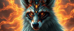 close up portrait of a plasma racoon fox horse king flickers like hypnotic fire in geometric shapes like a dna swirl of time and a fearsome planeswalker covered in powerful runes