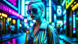 ((futuristic fashion, young woman, cyberpunk cityscape), high-tech accessories, neon lighting, holographic elements), silver reflective clothing, glowing tattoos, LED eyelashes, 4k, ultra-detailed, sharp focus, professional photograph, dynamic composition, bustling cyber streets, bokeh lights, night time, Blade Runner inspired, trending on ArtStation, long exposure, Nikon Z7, 85mm lens, f/1.4