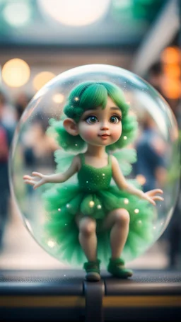 portrait of tiny green winged fairy completly inside crystall ball bubble at the train station,bokeh like f/0.8, tilt-shift lens 8k, high detail, smooth render, down-light, unreal engine, prize winning