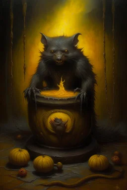 Living cauldron with yellow sigil, slightly demonic beaver bat in it, prize winning oil painting