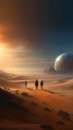 people walking in the desert, desert planet, fantasy, storm, 4k, digital art