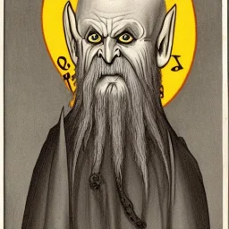 Nosferatu with four yellow eyes with fleshy tentacle hair beard grey skin and fangs as a Russian Orthodox