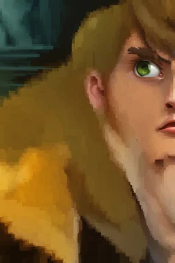 Redraw the cartoon character and fix the image resolution His hair is brown and long, but messy. His lips are closed, showing his bravery. His eyes are lined, showing his determination. He has shadows under his eyes, showing his stress and convert the drawing view 3D panel style digital Painting detailed with a panoramic scene Ultra-wide angle Highly realistic precise details Detailed