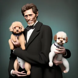 Portrait of an aristocratic Willem Dafoe holding one toy poodle in his arms, 8k, HD, cinematography, photorealistic, Cinematic, Color Grading, Ultra-Wide Angle, Depth of Field, hyper-detailed, beautifully color-coded, insane details, intricate details, beautifully color graded, Cinematic, Color Grading, Editorial Photography, Depth of Field, DOF, Tilt Blur, White Balance, 32k, Super-Resolution, Megapixel, ProPhoto RGB, VR, Halfrear Lighting, Backlight, Na