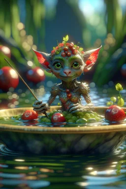 transparent elf pixie hippie creature on small raft with a bowl of magical fruit soup, in the style of fantasy movies, photorealistic, shot on Hasselblad h6d-400c, zeiss prime lens, bokeh like f/0.8, tilt-shift lens 8k, high detail, smooth render, unreal engine 5, cinema 4d, HDR, dust effect, vivid colors