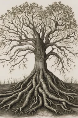 Start by sketching a sprawling tree rooted in the rich, fertile soil. Use flowing lines to represent the organic nature of the branches and roots. Consider adding subtle contours to the soil to convey its depth and texture. Use a 2B pencil to define the texture of the soil. Create small, irregular shapes and lines to simulate the granular quality of fertile ground. Gradually build up darker tones with 4B and 6B pencils for depth and shadows. Integrate symbols or miniature scenes within the tree'