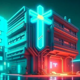 cyberpunk retro futuristic hospital with cross sign for comics