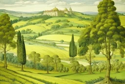 A pale greenish yellow kingdom near a farmland painted by Michelangelo di Lodovico Buonarroti Simoni