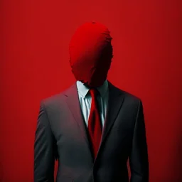 a faceless man wearing a red suit with a red tie