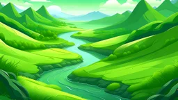 fantasy cartoon illustration: green hills and river of the emerald isle