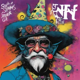 SNFIIN'GLUE album cover by Ralph Steadman for Aardschok(nl) and MetalHammer mag, guest star: elf Wizard glitched acid trip by Mil Mascaras