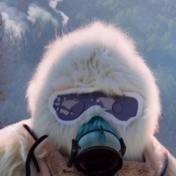 Yeti in a mask, background = (wildfires, mountains, fires, smoke, disaster)