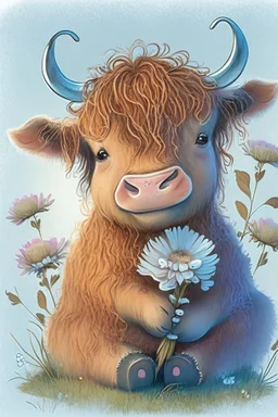 Adorable cute happy baby scottish highland cow with dreamy eyes, sitting down and holding a flower, nursery art, very rendered polished Perfect, smooth edges, flawless Facial Features, Stunning, Whimsical Fantasy, Cute, Highly Detailed, Well Rendered, cartoon, illustration