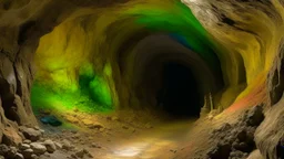 A beige underground granite mine covered in rainbow paint designed in medieval tapestry painted by George Inness