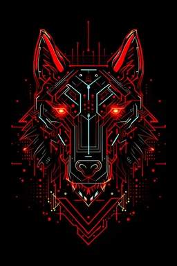 Create a logo featuring an elektronic PCB circuit in the shape of a wolf's head against a black background with red electric sparks. The red electric sparks should add a dynamic and energetic element to the design, symbolizing power and innovation.