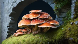 Mushrooms with octopus tentacles covering a crumbling stone wall and an arch behind, Roger Dean-style