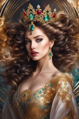 Photography realistic Beautiful Queen wearing a magical gown of swirly flowing marble water gold filigree curlicues, flowering flowers, bloom, sparkle, ornamental gilt, diamonds, rubies, emeralds, sapphires, beautiful, delicate, intricate, elegant, graceful, shiny, Hyperrealism, Rococo, expressive, spherical, zoom out, volumetric lighting