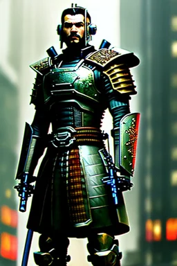 Fully armored cyberpunk samurai, photorealistic