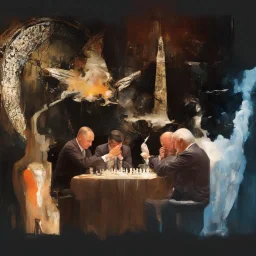 Putin, President Xi Of China And Joe Biden Play Chess With Atomic Bomb Mushroom Cloud,Complex Surgical Instruments Intermixed With A Newborn Boy,Minimalism,Painting By Adrian Ghenie,Rene Magritte,Pablo Picasso,Michelangelo,Salvador Dali,Lucian Freud