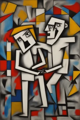 “The angry fighting couple” Pop surrealism painting in the Suprematism style interpreted by Picasso scribbles and markings artfully placed throughout the image