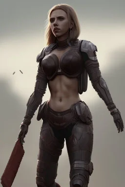 full body, Scarlett Johansson identify face, leather armour , big busty , pintura, ,details,texture,8k quality, florest, Minimalism, Romanticism, Expressionism, Impressionism