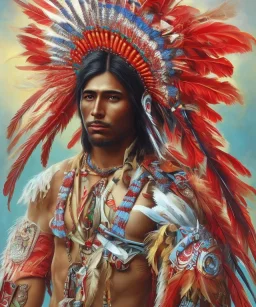 Guaicaipuro, native american god, 30 years old, Muscular warrior, red feathers headdress, shirtless