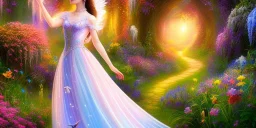 bright fairy, beautiful portrait, flowery landscape