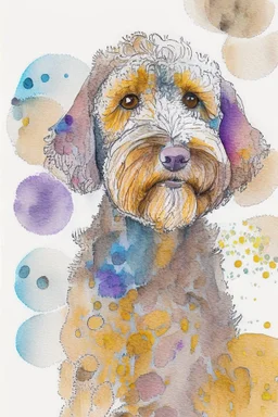 abstract watercolour of a cockapoo dog’s head in the style of Valerie Davide with bifurcated circles and pencil lines