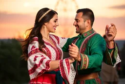 Young Azerbaijani couple performing traditional dance, joyful expressions, authentic costumes, dynamic movement, sunset lighting, cultural authenticity, photorealistic --ar 3:2 --style raw