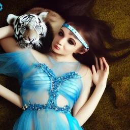 2 beautiful sourceress, girl, dressed in a transparent intricate blue dress, leaves in the hair,elf like ears, resting with a white tiger, high definition, high contrast, wallpaper -ar 16:9