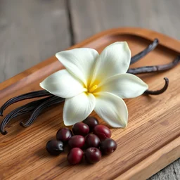 need a photorealistic image the image should be a vanilla flower, vanilla bean and beets on a wooden tray. There should not be any inscriptions.