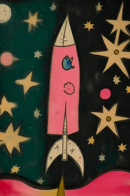 A pale pink rocket zooming across the stars painted by Paul Klee