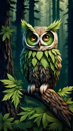 realistic owl portrait with body made from marihuana bud and wings made from marihuana leaves, sitting on a brench at very high alltitude, watching over a dark green forest valley