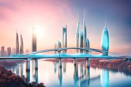 Dreamlike Skyline of Downtown futuristic hightech city in 4050 and a stunning futuristic Bridge During Sunlight with silver and darr grey clouds in sky, over the azur-silver color river, cold colors, high detalied, sci-fi, landscape