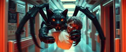 gritty air brush 3d with pen outline, vampire space loab spider panther cat holding a human in its grip, pin hole cam in doll house space ship hospital corridor, in the style of HR GIGER, ESCHER, motion blur background