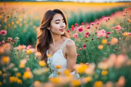 Young woman in flower field in the evening