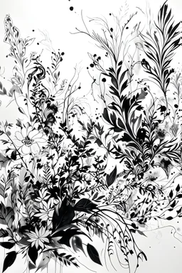 A large drawing with brushstrokes and very defined details of abstract floral design and ferns black ink on white background with paint splashes