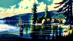 Couer D Alene lake drawn in rpg painterly art style