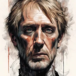 Portrait of Rhys Ifans, by Dino Valls, by Russ mills, by Frank Miller, dramatic, background is an elusive drug hallucination, spotlight effect, concept art, portrait, hyperreal