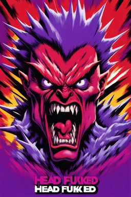super head fuked title with movie poster title :HEAD FUKED SO MUCH BRO, monster more angry and more 90s style, angry fast, extreme, wild, so so angry, red and purple background with 90s style slashes