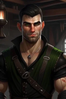 strong young half orc male who works at a tavern with short hair realistic wearing black clothing