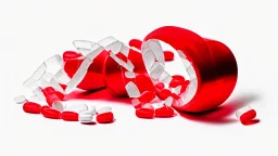 a bubble pack of red pills, next to torn red ribbon, on a white background