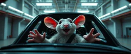 car driving happy 2d neon fluffy rat elf with human hands in the style of Escher and Giger and Fallout 4, pinhole cam, airbrush 3d rendering, on tv screen:A five-second cinematic single take in a clean industrial presentation hall.
