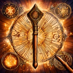 Closeup of an old wooden magical wand with magical symbols engraved into it. Magical. Epic. Dramatic, highly detailed, digital painting, masterpiece