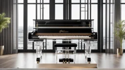 An innovative, award-winning, fully transparent piano . showcasing all its intricate mechanical components visibly. The design highlights its modern elegance, with sleek lines and a minimalistic approach, emphasizing the beauty of its transparent structure and the complexity of its inner workings. The piano stands gracefully in a well-lit, contemporary setting, casting soft reflections on the floor, symbolizing the fusion of art and techno