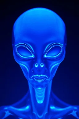 A transparent, hollow, glowing, face , a negative photo , 8k, high resolution for a big head alien in blue