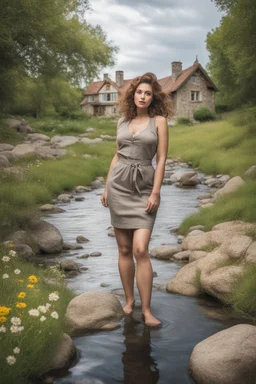 fullbody shot of a very beautiful lady curvy hair, in the country side with a narrow river with clean water and nice rocks on floor. The trees and wild flowers pretty country houses ,nice cloudy sky.