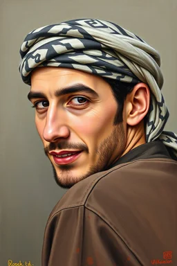 A young Palestinian man, forty years old, wearing a keffiyeh, has a beautiful face, turns his face to the right, has a slight smile, his mouth is closed and his teeth are not visible, his eyes are looking to the left, he appears to be drawn with oil paints