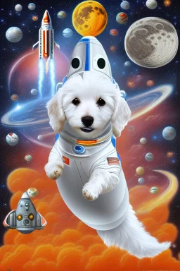 white and orange dog flies to the moon top of the a rocket