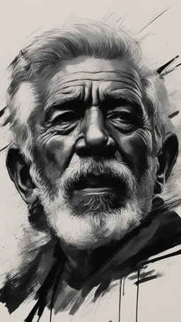 chiaroscuro portrait illustration of Gandi in the style of threadbare abstract expressionism, ebony , black, and pewter , vintage abstract cut-and-paste, ricoh gr iii, editorial illustrations, fine lines, highly detailed hair and facial features